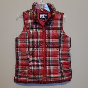 Lands End Down Fill Red Plaid Puffer Vest Size Small 6 8